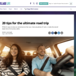 A couple is seen laughing in the car on a road trip in a photo at the Village Life website.